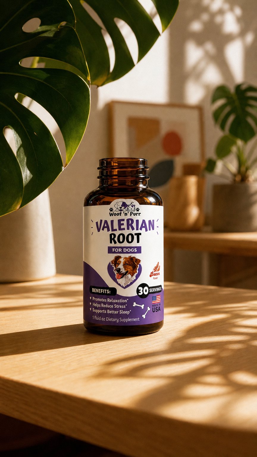 AI product shot of Valerian Root for Dogs – Calming & Stress Support | 30 Servings