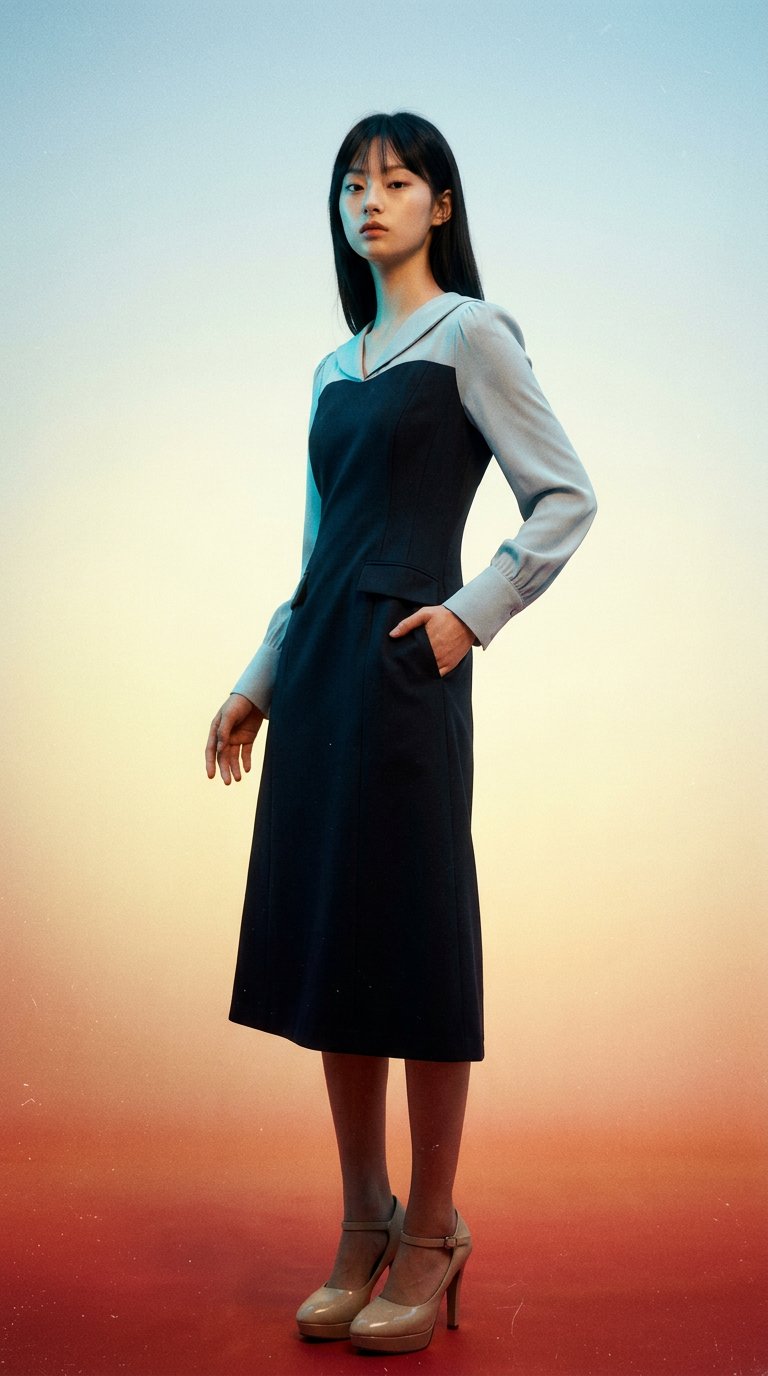 AI product shot of Aella block dress (2colors)