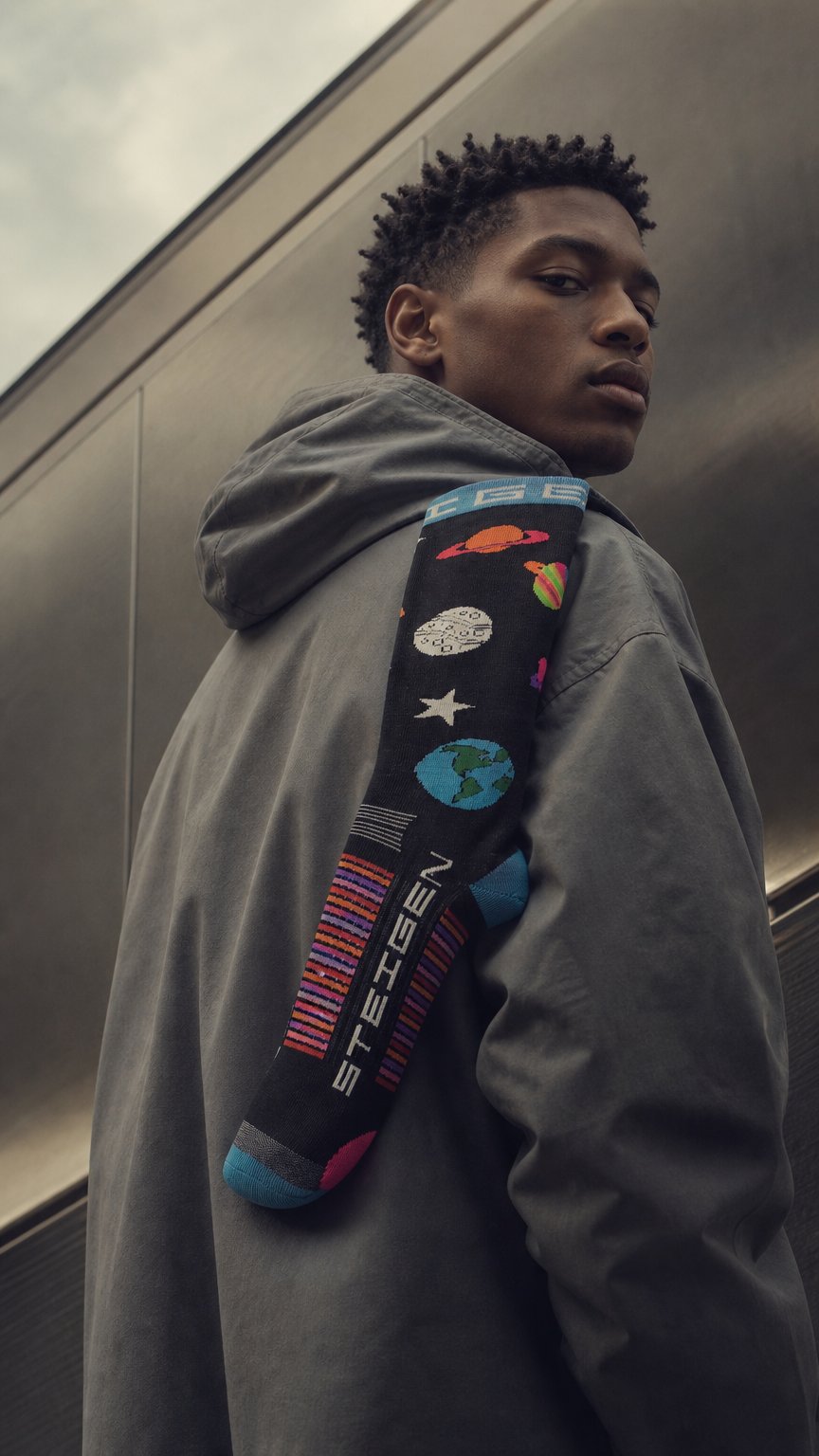 AI product shot of Solar System løpesokk – 3/4