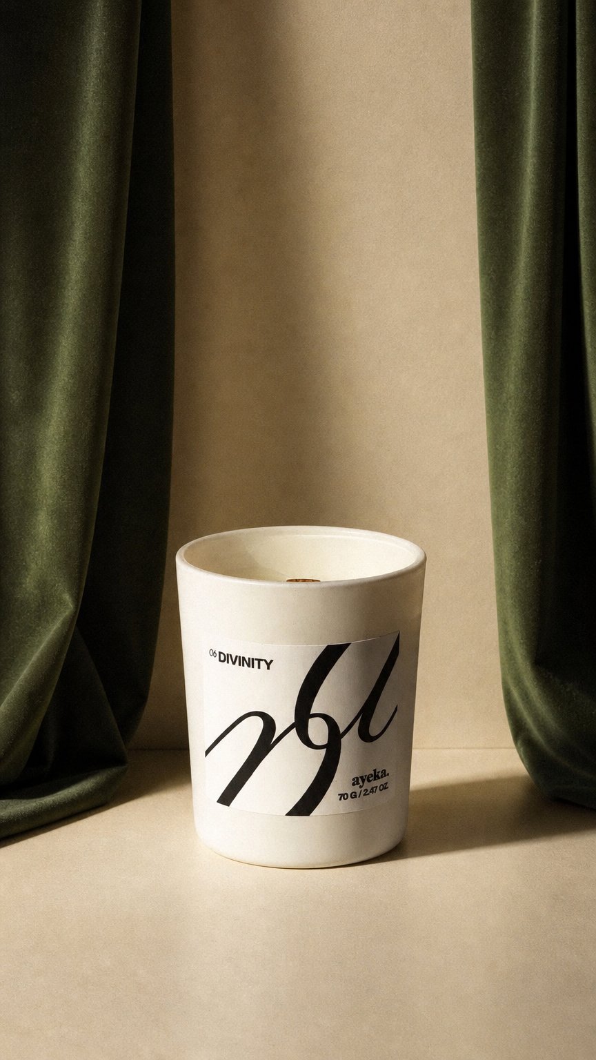 AI product shot of Divinity — English Pear, Amber & Freesia Scented Candle