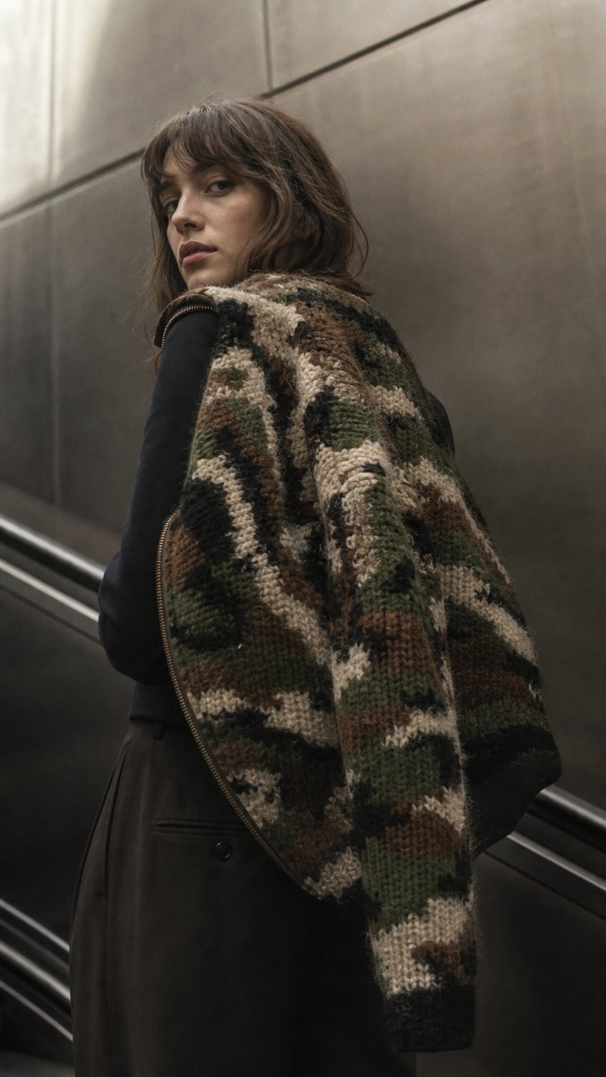 AI product shot of Baby Alpaca Camo Knit Bomber