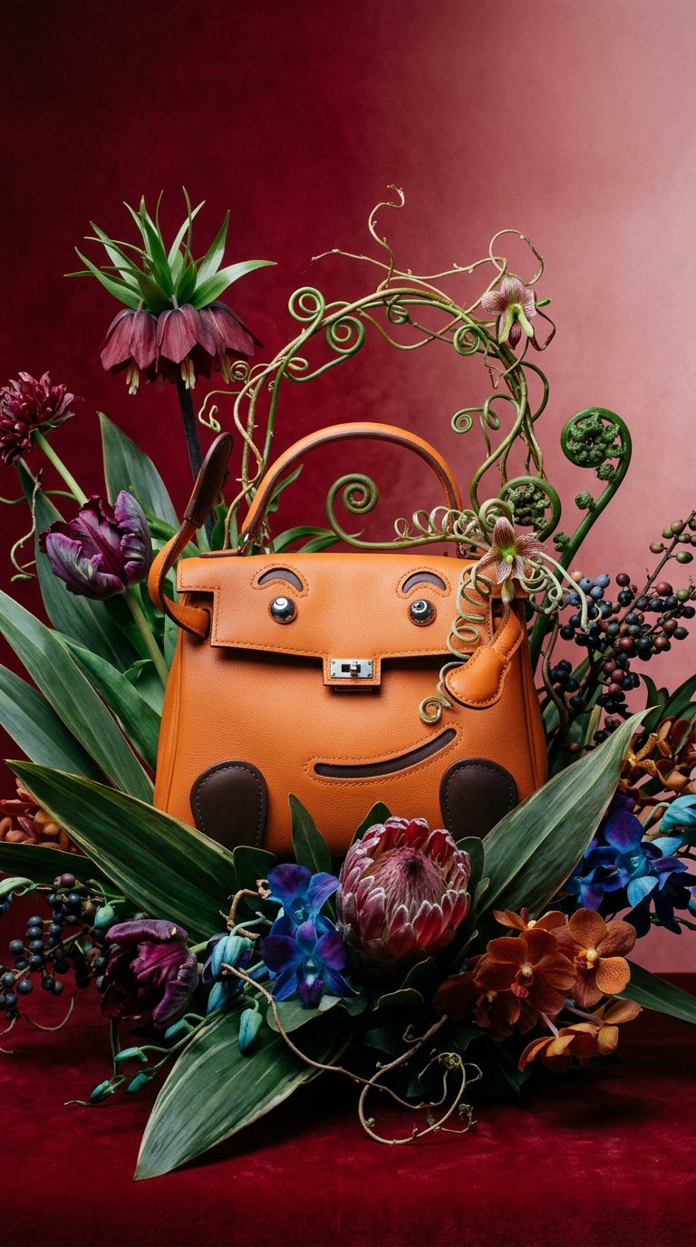 AI product shot of Hermès Kelly Doll Quelle Idole Orange H Gulliver Palladium Hardware