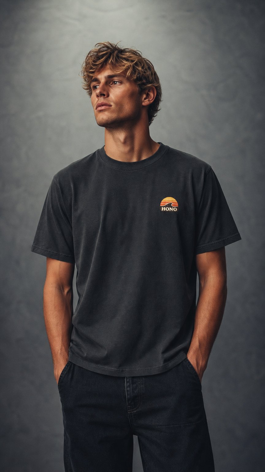 AI product shot of T-shirt noir vintage HONO Surf – Black Rock