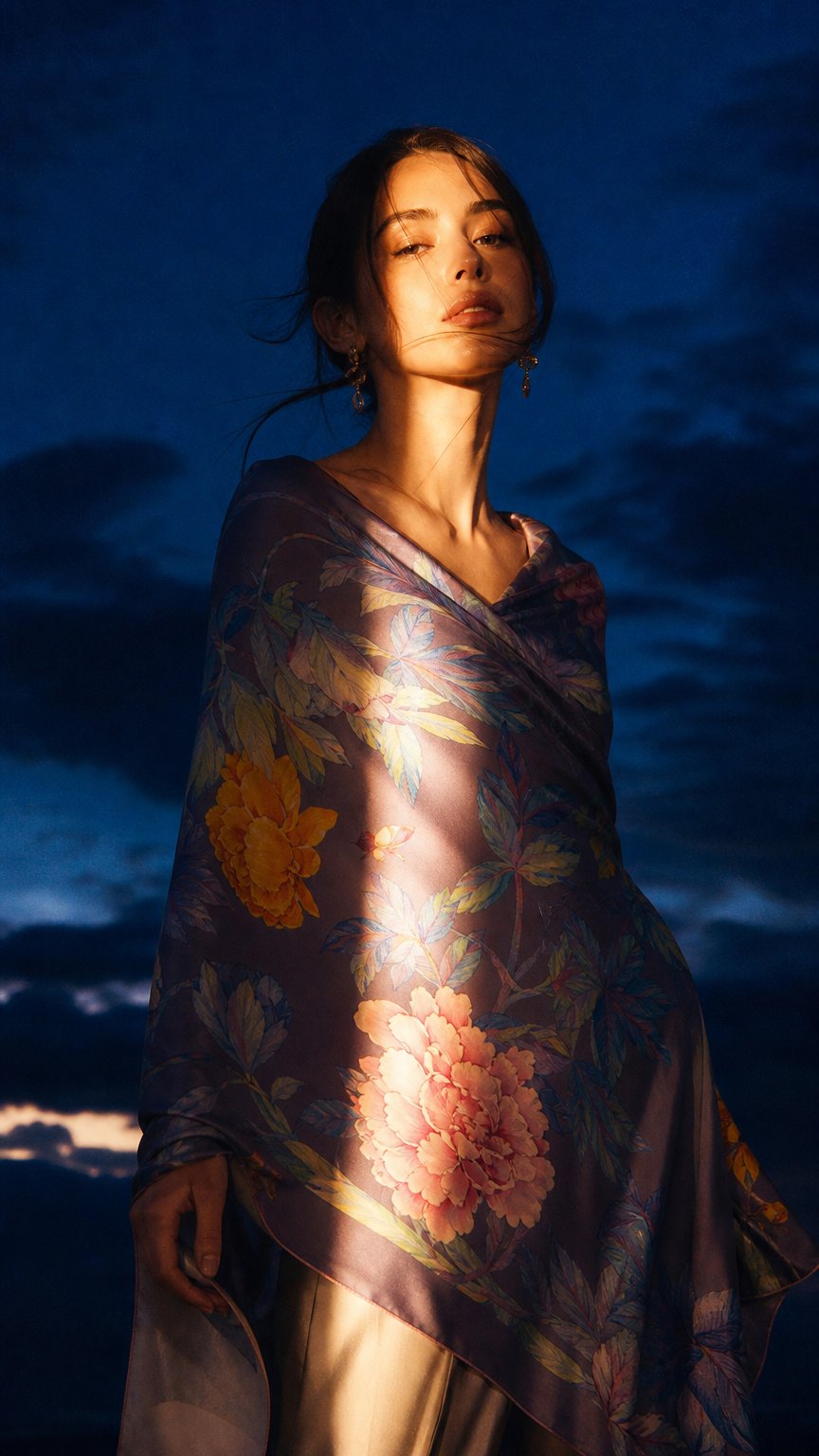 AI product shot of Lapis Light Silk Shawl