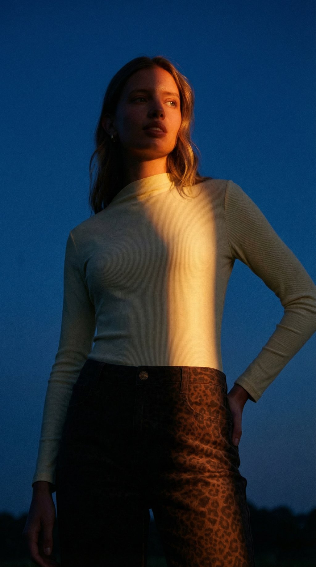 AI product shot of Butter Yellow Ribbed High Neck Long Sleeve Top