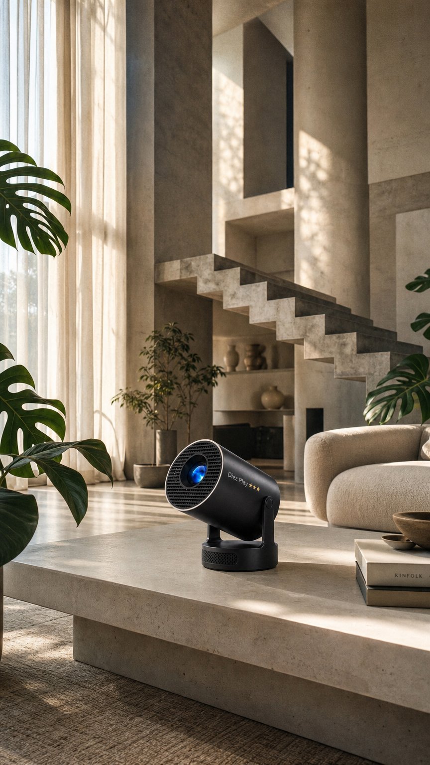 AI product shot of DiézPlay™ Proyector Portátil 4K