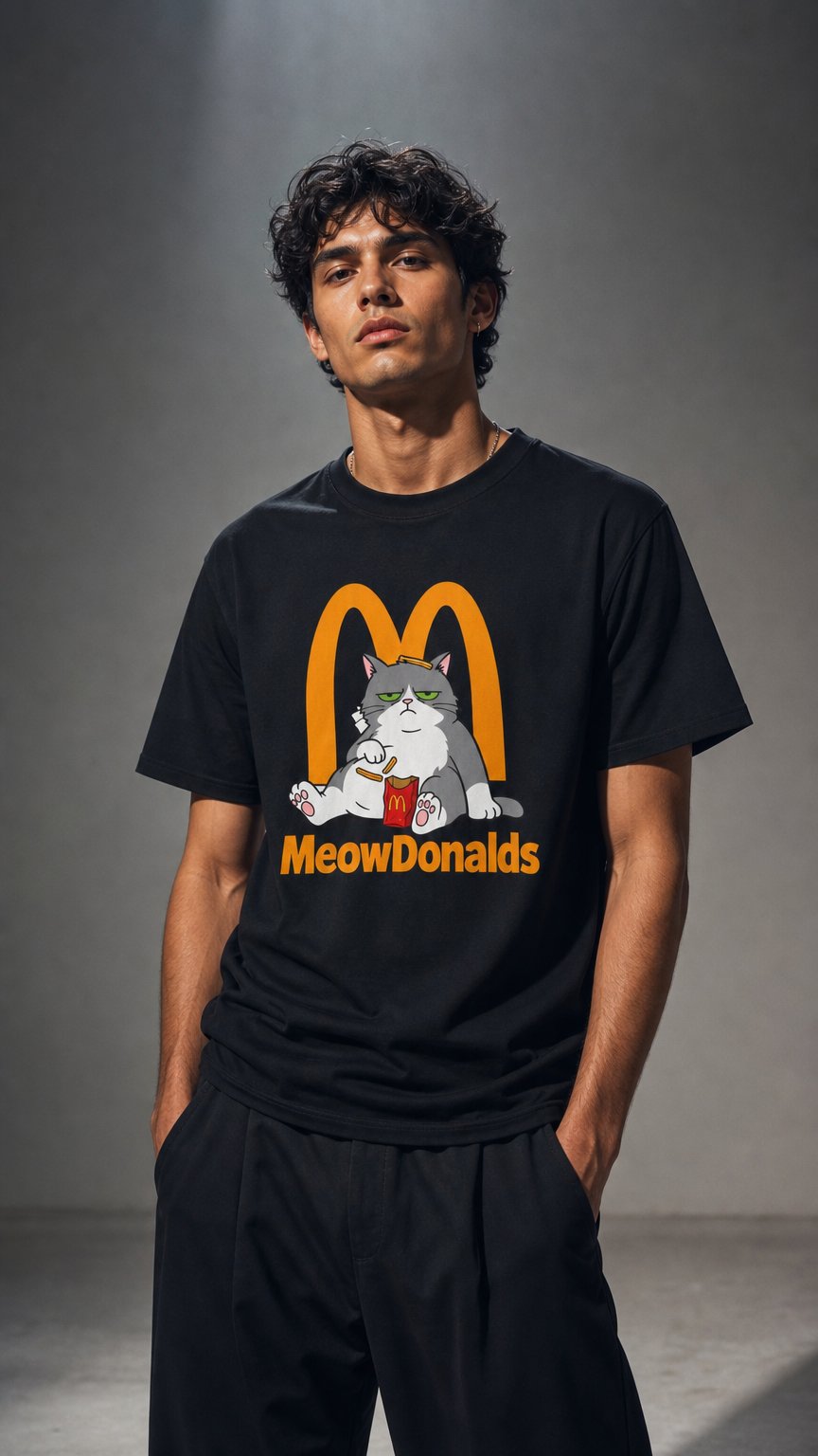 AI product shot of Grumpy Cat Eating Fries T-shirt | Funny Fast Food Parody Tee