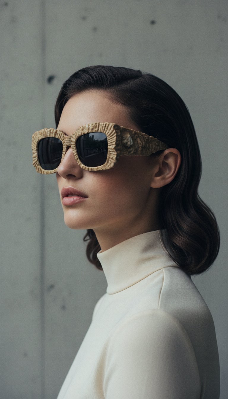 AI product shot of Sustainable sunglasses made from discarded oyster shells