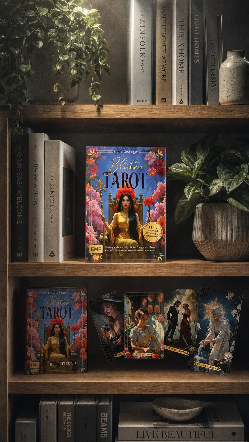 AI product shot of Tarot-Kartenset: Blütentarot | Verbinde die archetypische Energie der Tarot-Karten mit jahrhundertealtem Blumenwissen