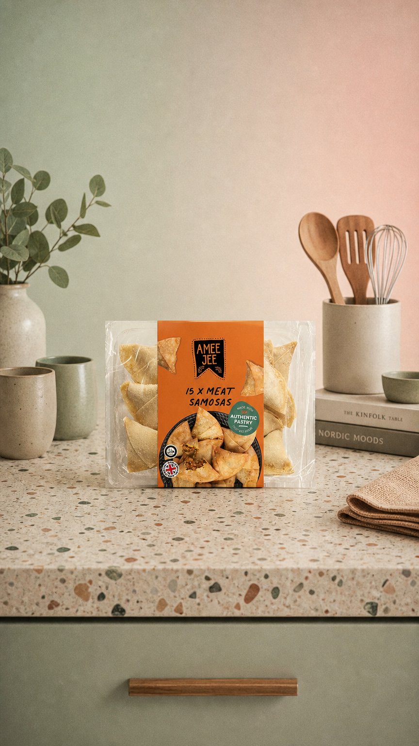AI product shot of 15 Meat Samosas – Amee Jee Pastry Snack