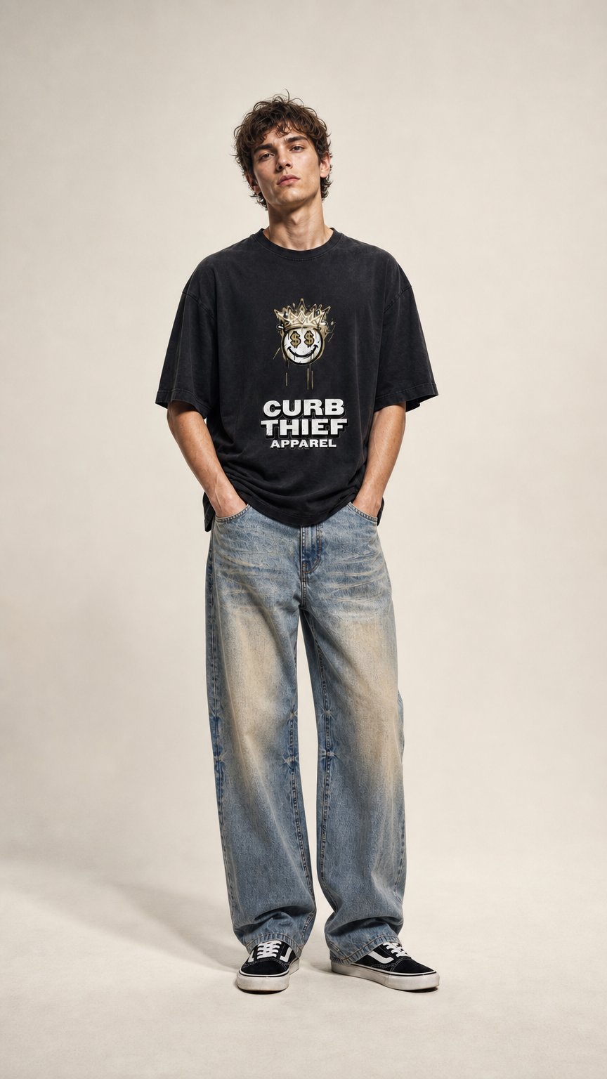AI product shot of "CURB" Hand-Frayed 100% Cotton Vintage Washed T-Shirt