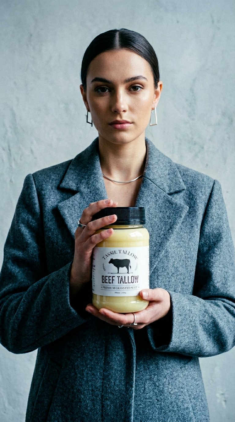 AI product shot of Beef Tallow | Tasmanian Grass-Fed | 500mL PET Jar