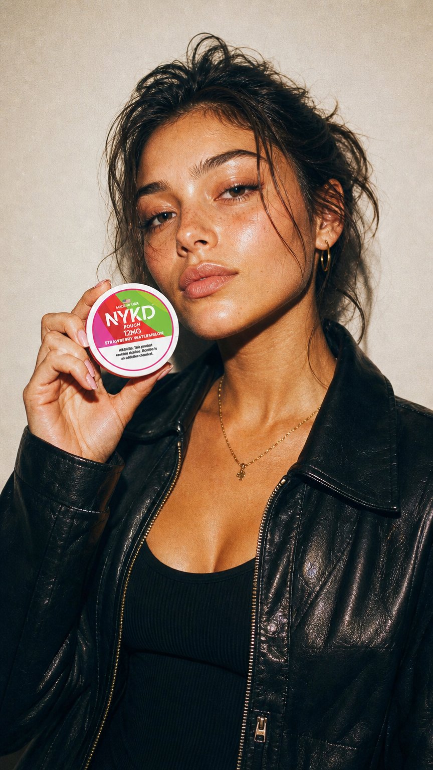 AI product shot of NYKD POUCH USA – Premium Nicotine Pouches – Strawberry Watermelon | Single Can