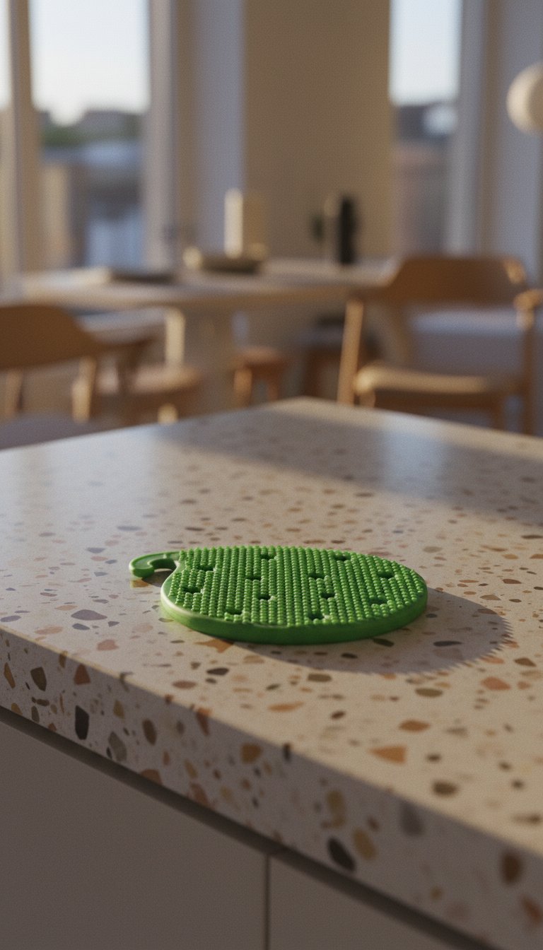 AI product shot of Vegetable Scrubber Brush : Double Sided Fruit and Vegetable Scrubber - Multi Use: Potato Scrubber - Carrot Brush - Trivet - Jar Opener by Cestari Kitchen