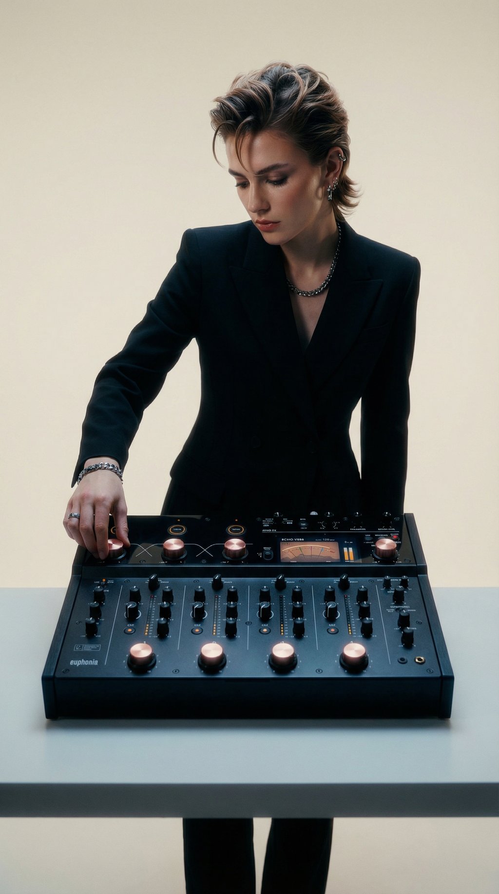 AI product shot of AlphaTheta Rotary DJ Mixer Euphonia