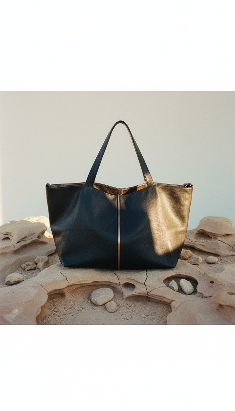 AI product shot of XL Leder Shopper schwarz bronze "Trape"
