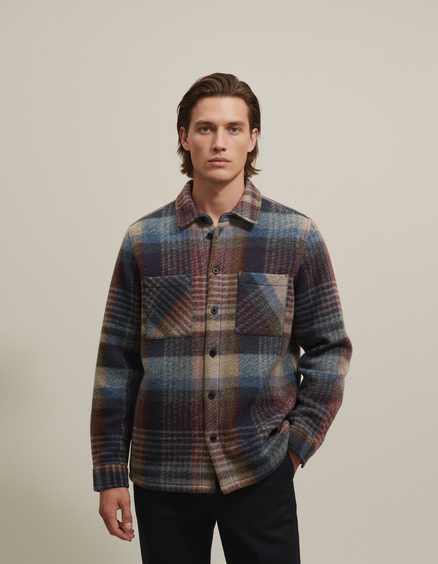 AI product shot of Whiting - Blue And Multicolour Check Italian Wool Overshirt