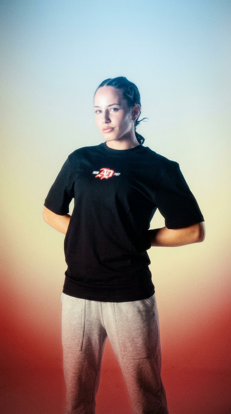AI product shot of "Iron Elbow" T-Shirt Alina Dalaslan Edition