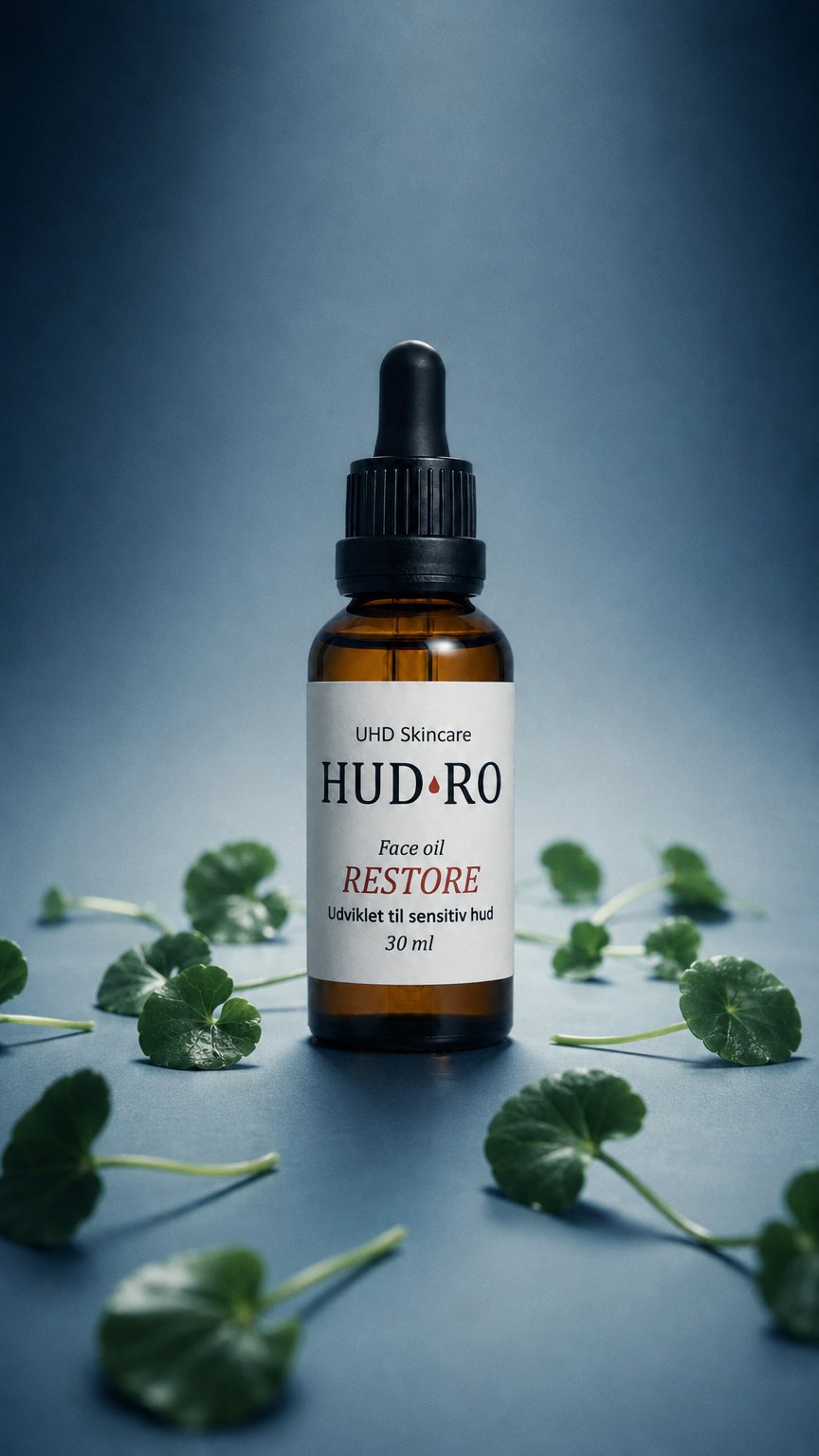 AI product shot of Nærende ansigtsolie til sensitiv og tør hud | HUD·RO Restore (30 ml)