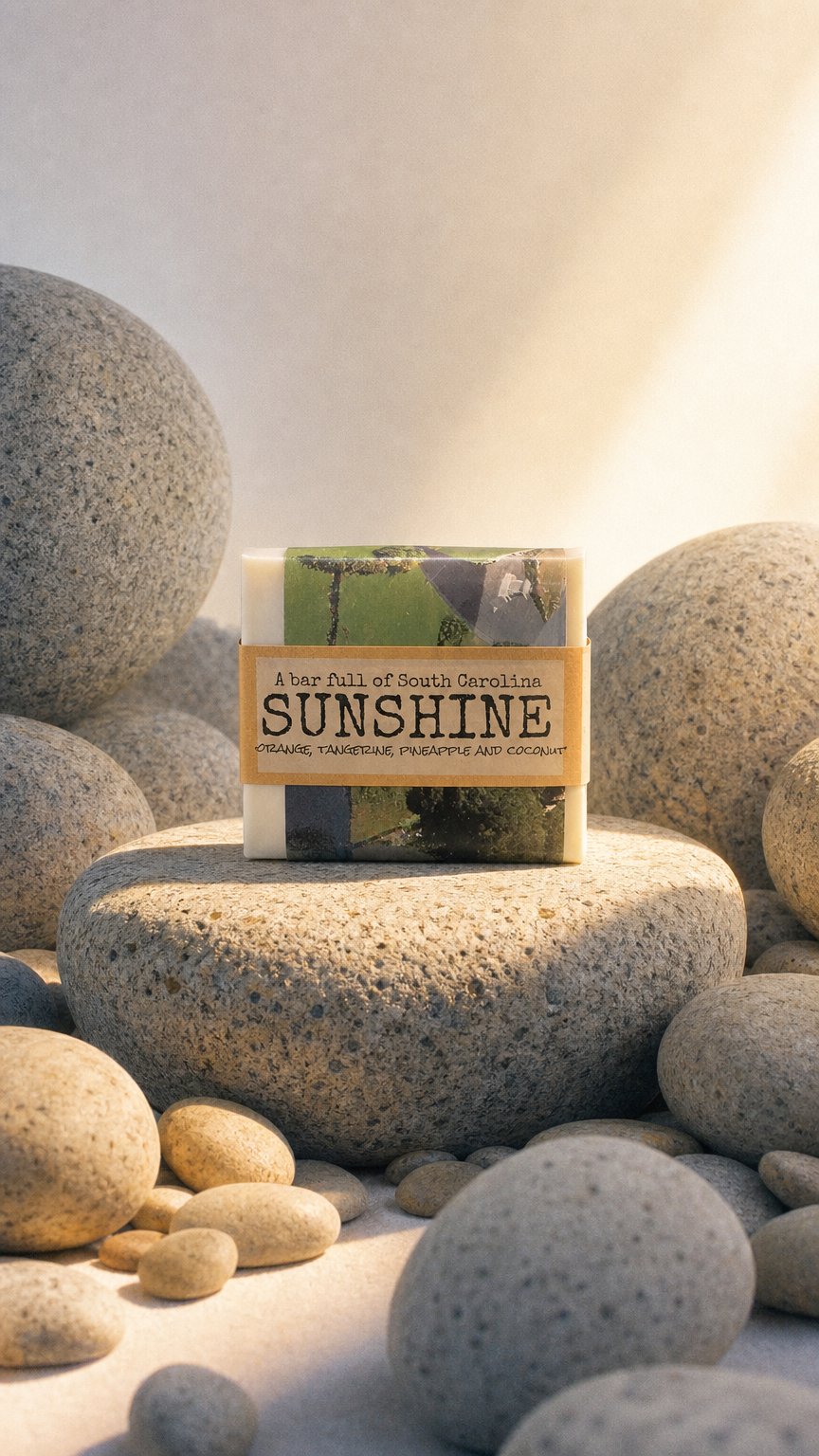 AI product shot of SC Sunshine - Pineapple, Coconut and Mandarin Orange Handmade Soap