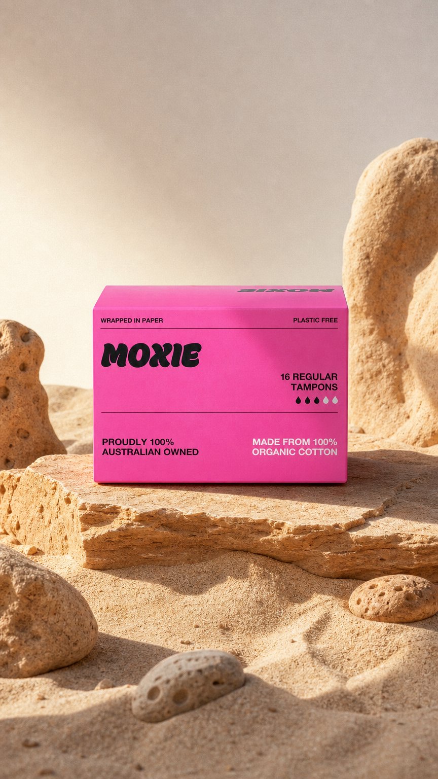 AI product shot of Moxie 100% organic cotton regular tampons 16pk