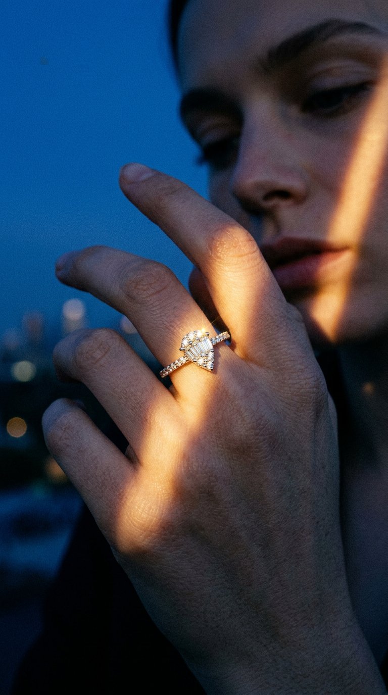 AI product shot of OneSixEight Pear Shaped Diamond Ring Half Eternity Band 18K White Gold