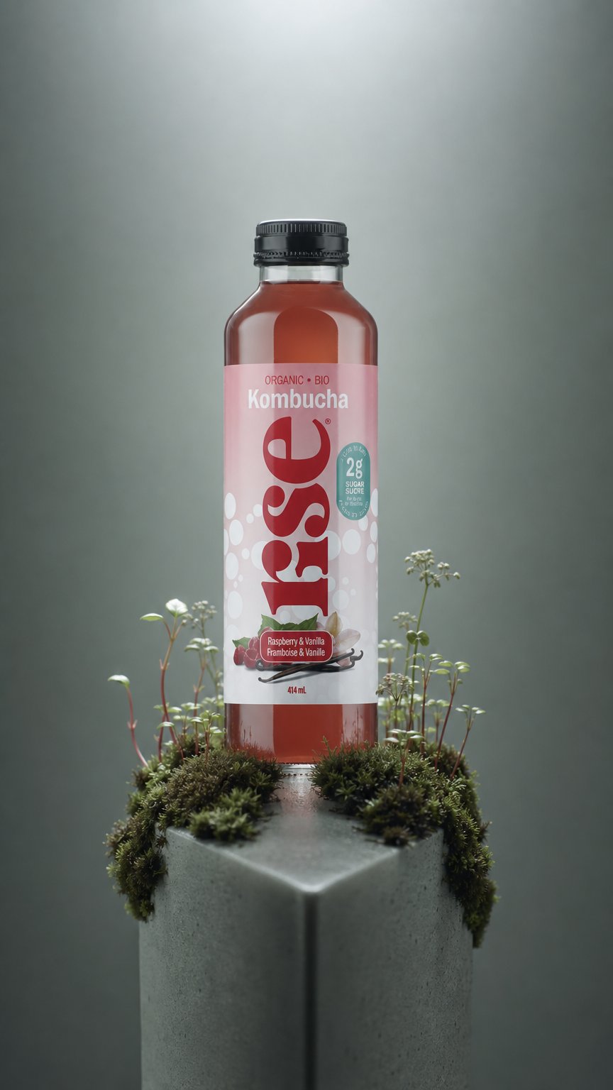 AI product shot of Raspberry & Vanilla Kombucha