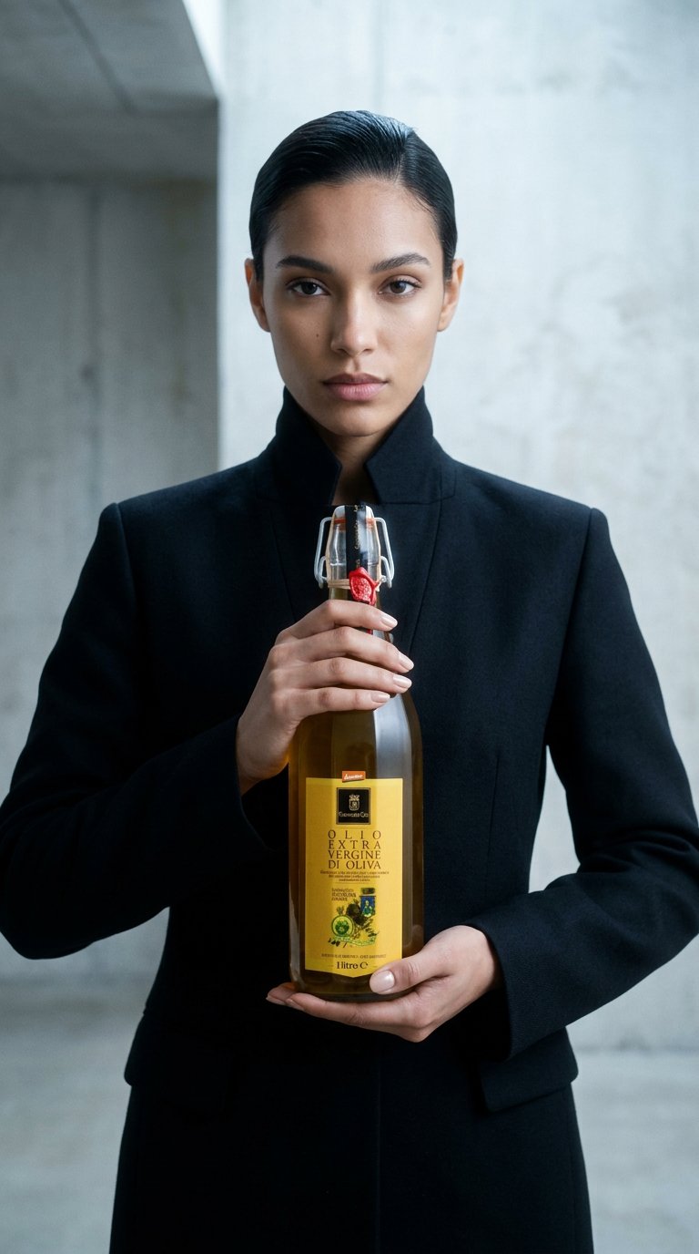 AI product shot of Biodynamic Extra Virgin Olive Oil - 1L Glass Bottle, Cold Pressed Coratina Olives