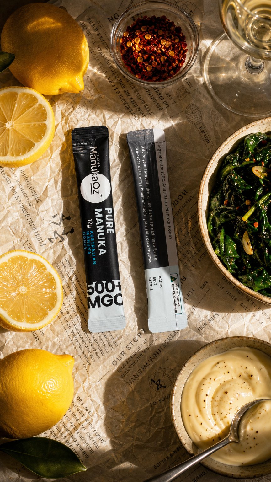 AI product shot of Pure Range MGO 500 Australian Manuka Honey / 30 x 12g Sachets (0.5oz)