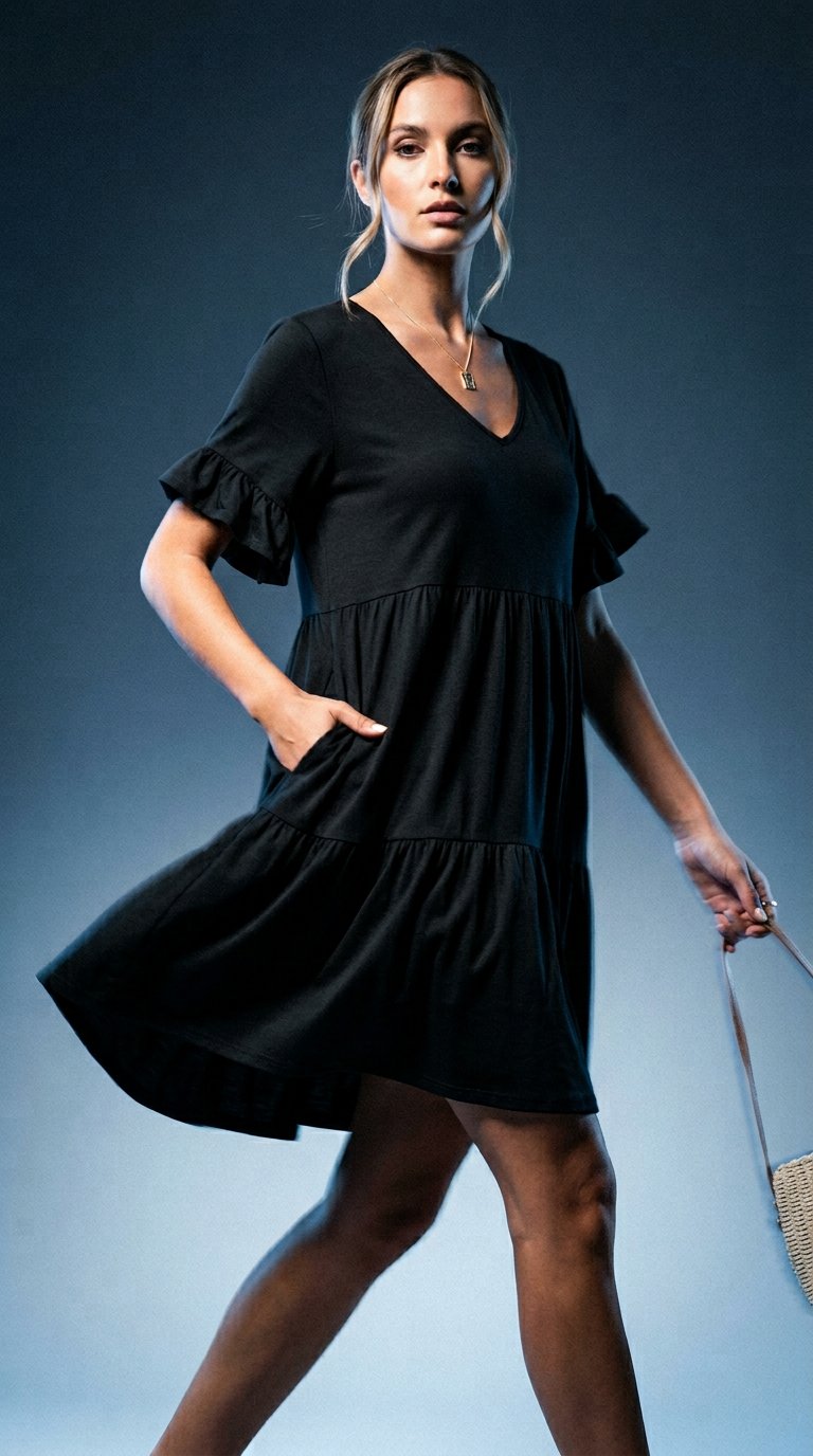 AI product shot of ANRABESS Dresses for Women Summer 2026 V Neck Ruffle Sleeve A Line Tiered Flowy Casual Trendy Mini Beach Dress with Pockets