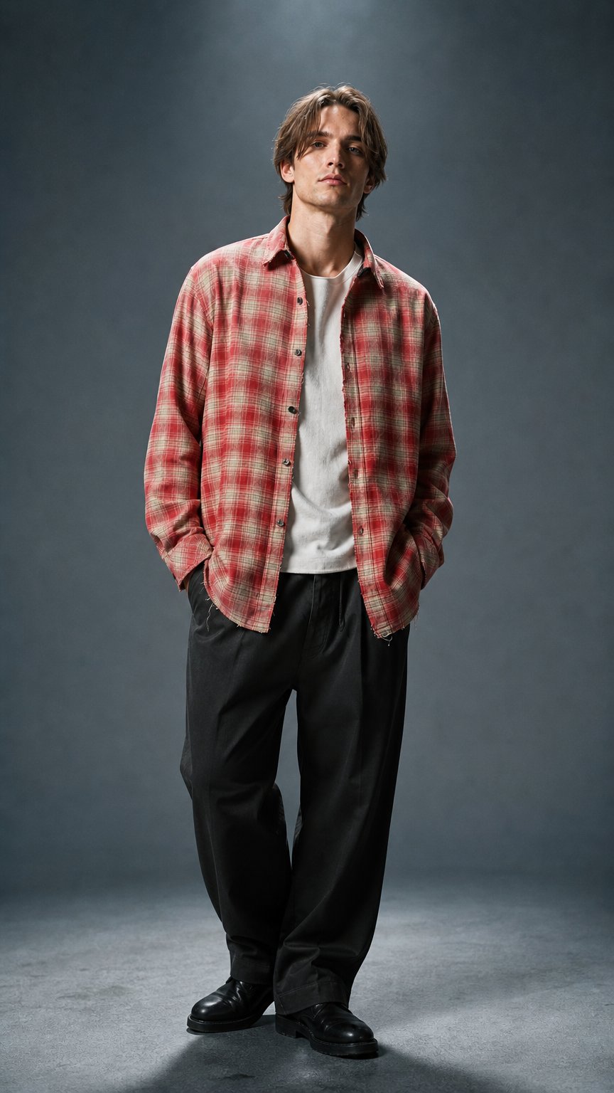 AI product shot of aging loose check shirt