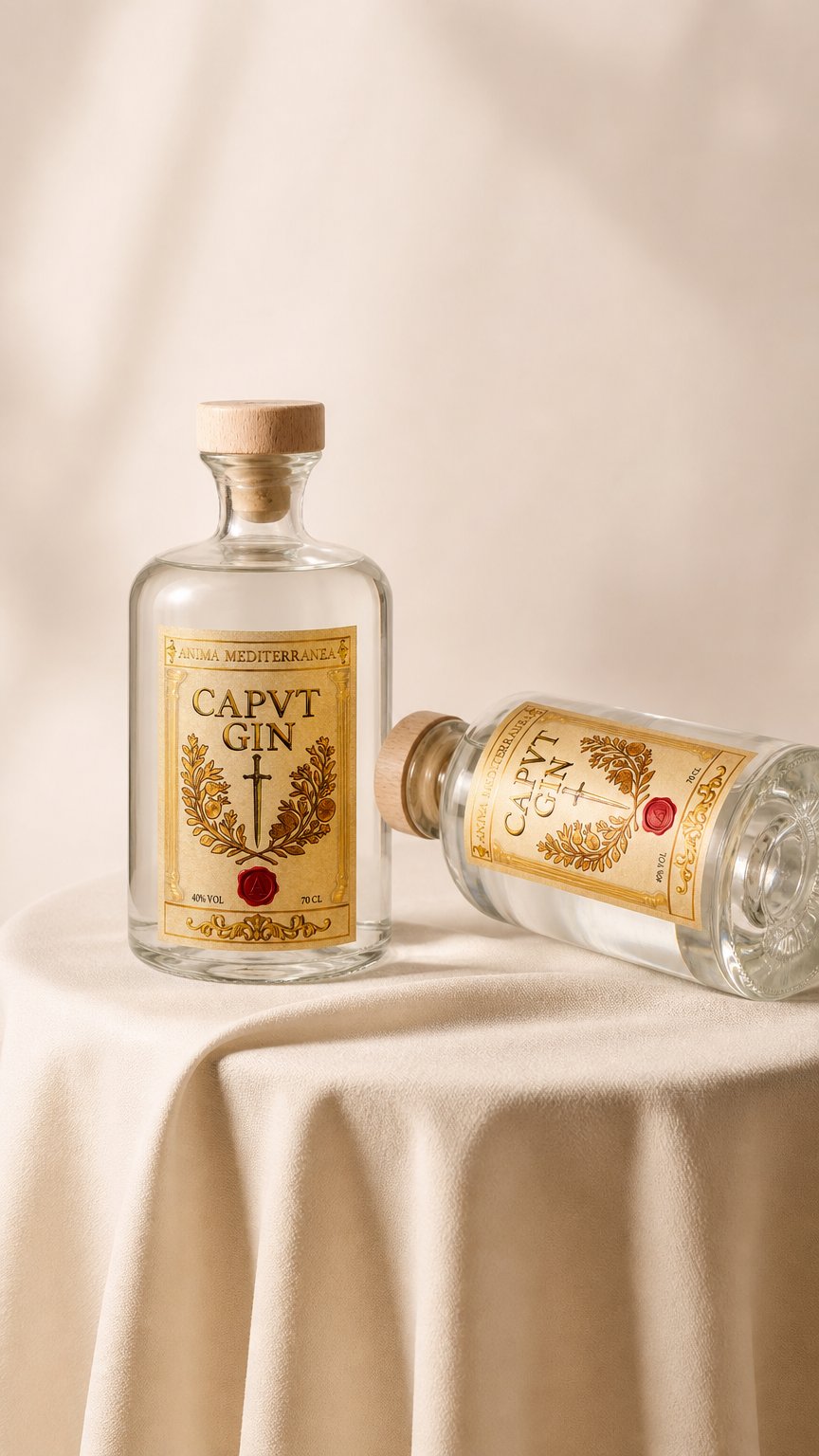 AI product shot of CAPVT GIN — Distillato Artigianale Romano