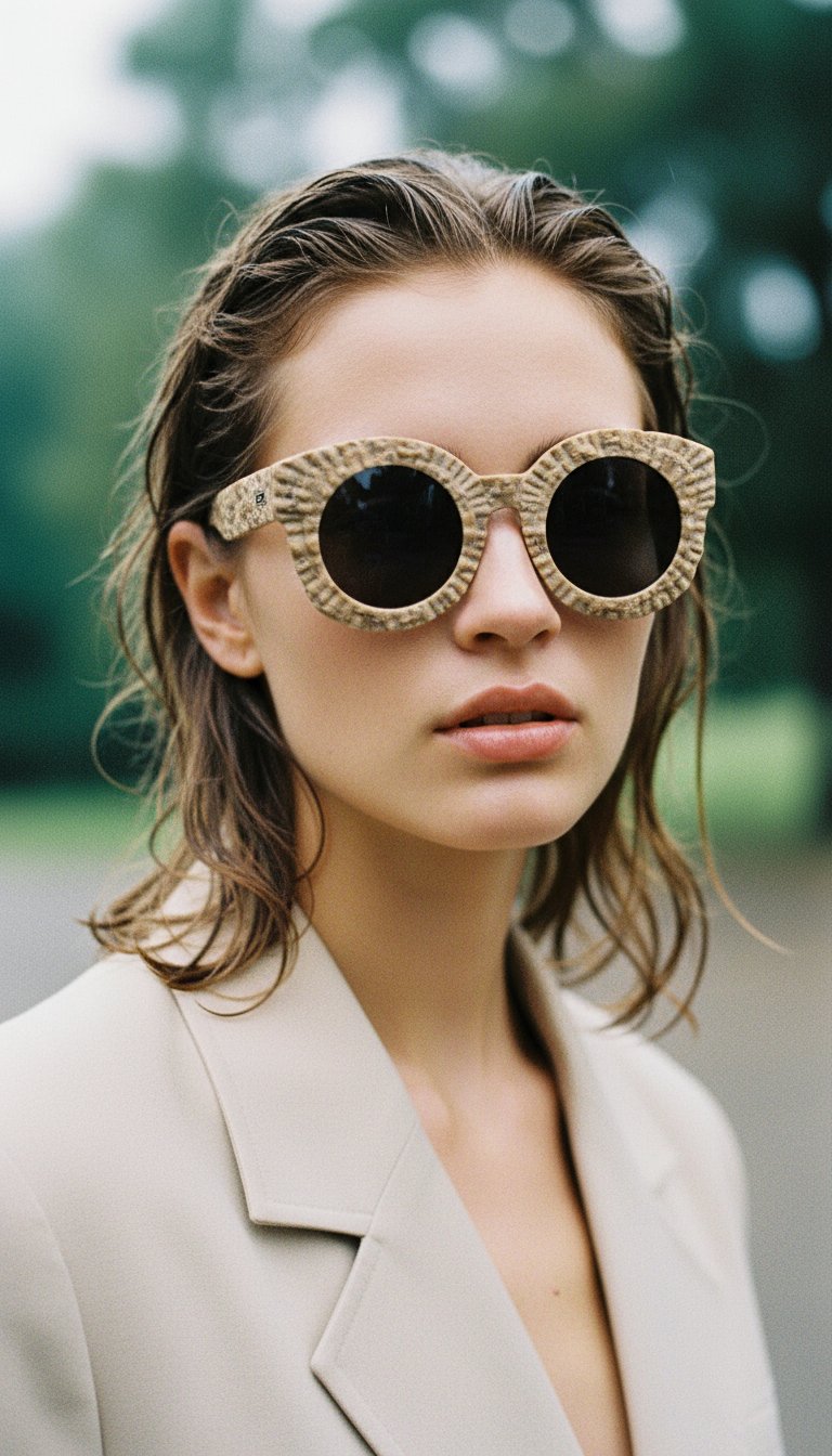 AI product shot of Sustainable sunglasses made from discarded oyster shells