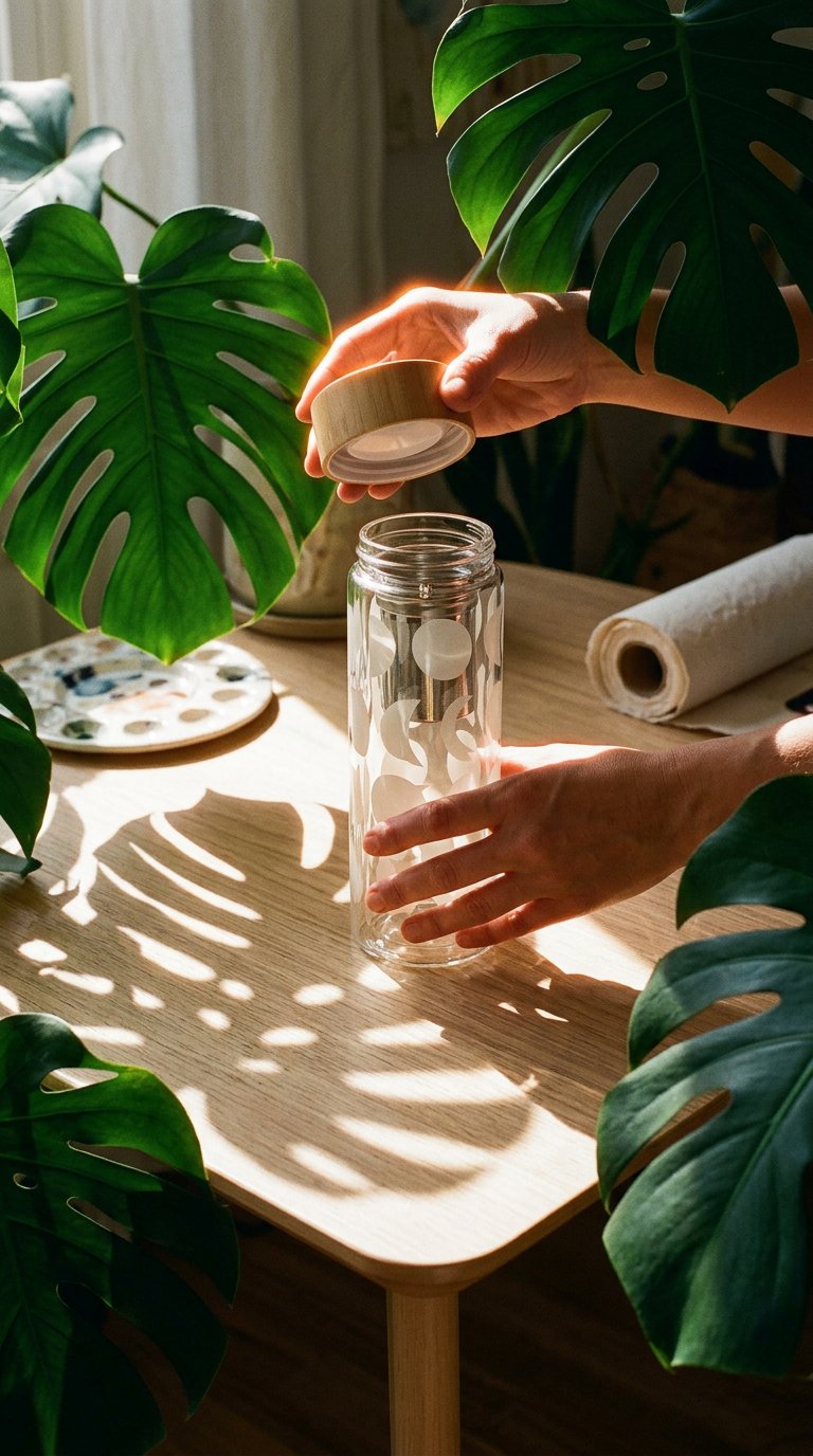AI product shot of Moon Phases Glass Tea Infuser Bottle