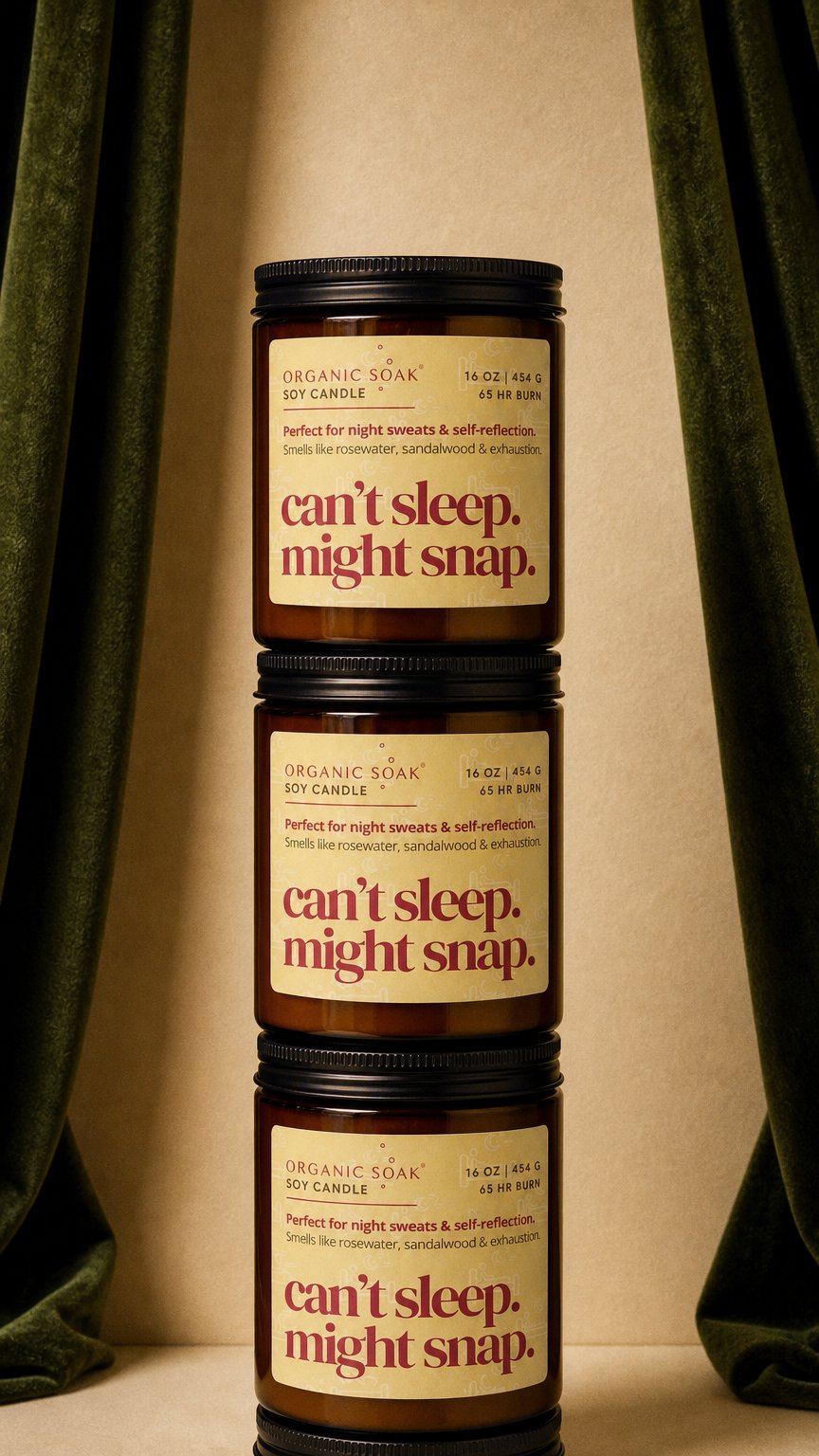 AI product shot of Can't Sleep. Might Snap. Soy Candle