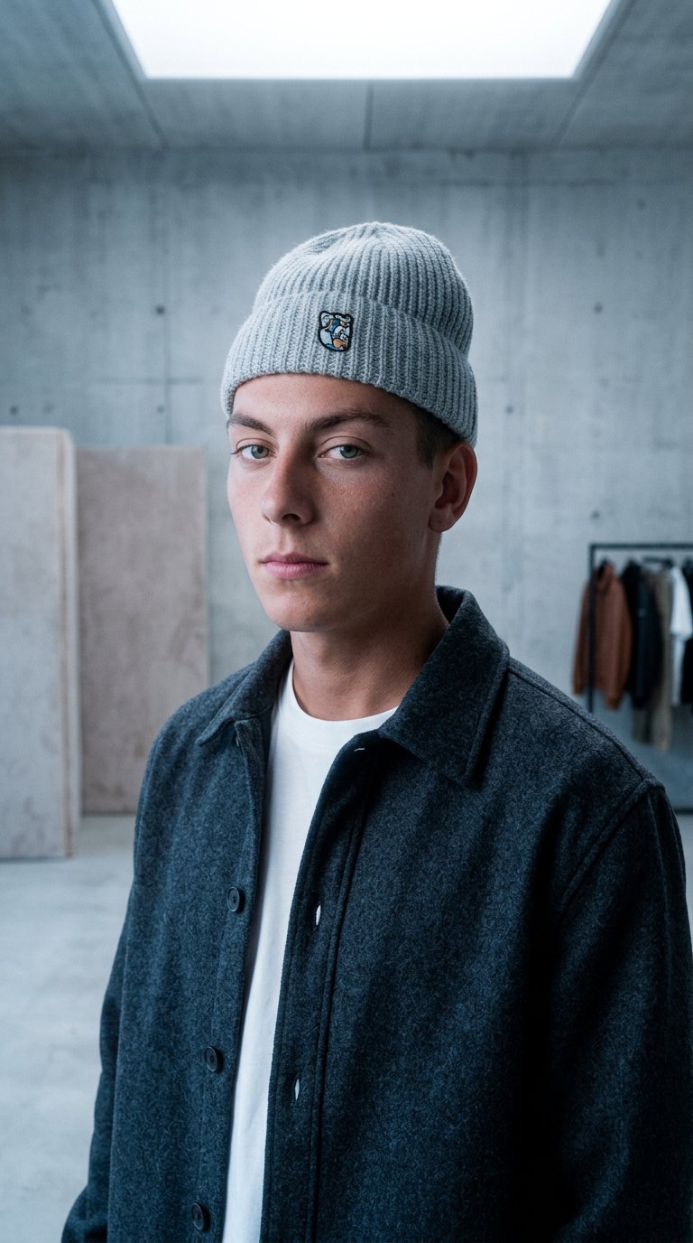 AI product shot of Rickie beanie grå