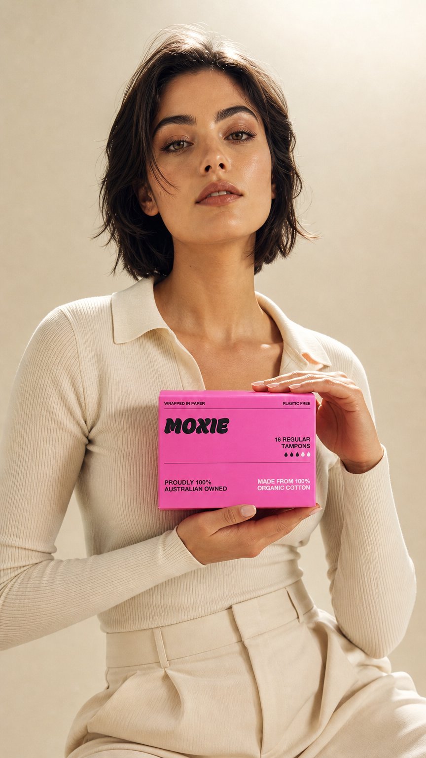 AI product shot of Moxie 100% organic cotton regular tampons 16pk