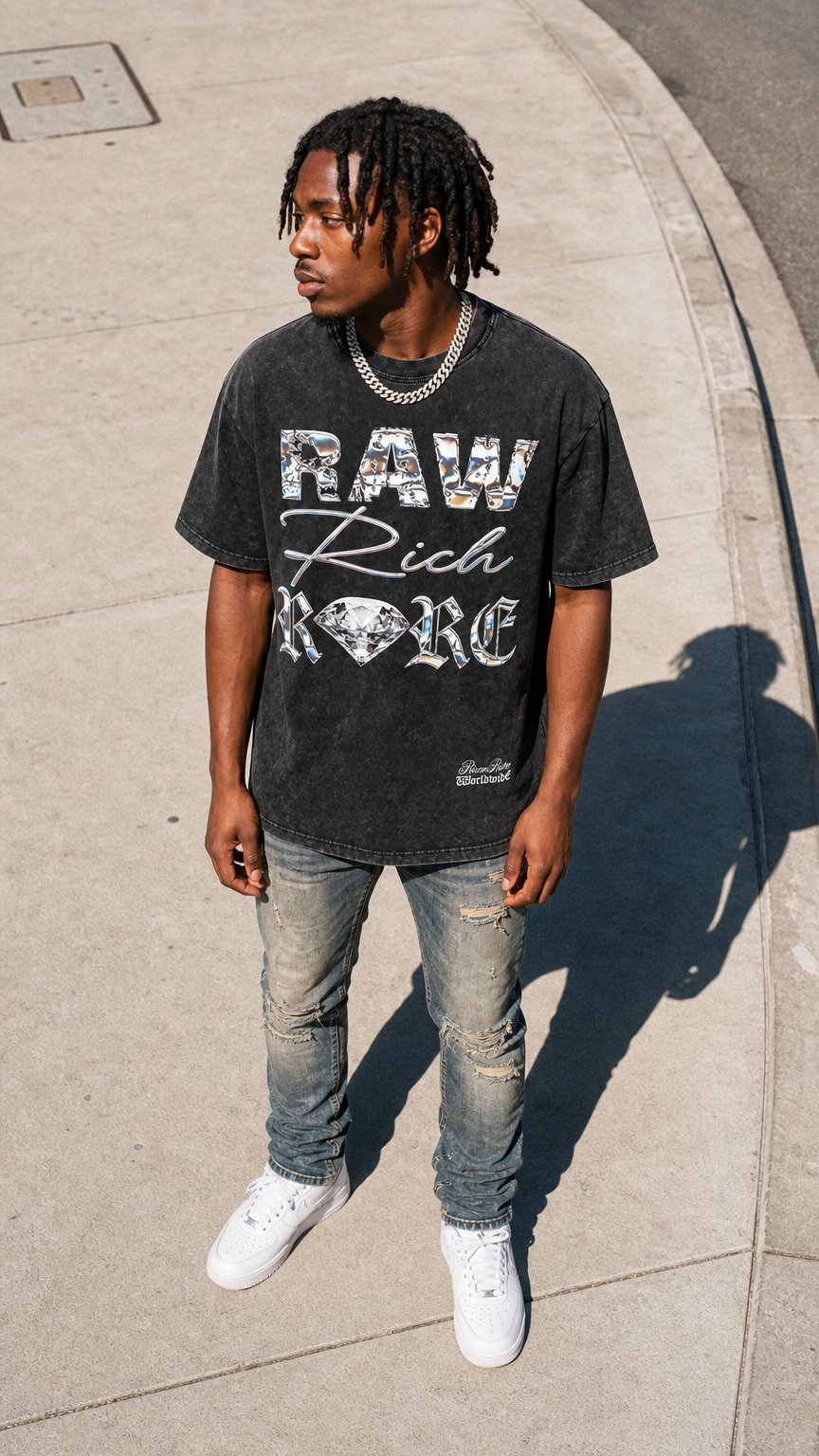 AI product shot of RAW RICH RARE x RISEN RETRO Snow Washed Oversized Cotton T-Shirt