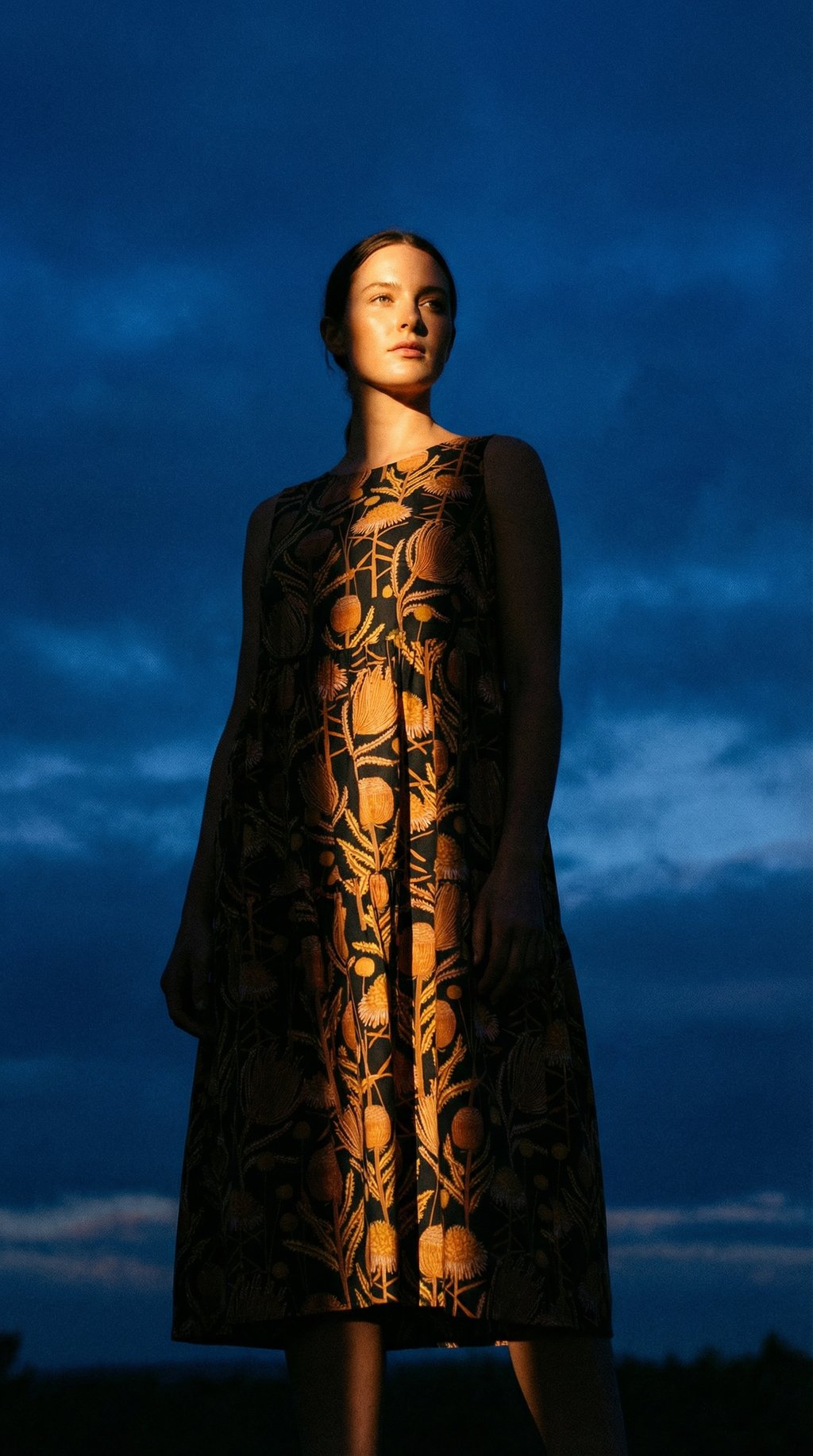 AI product shot of Tiered Sleeveless dress - Billy Banksia print