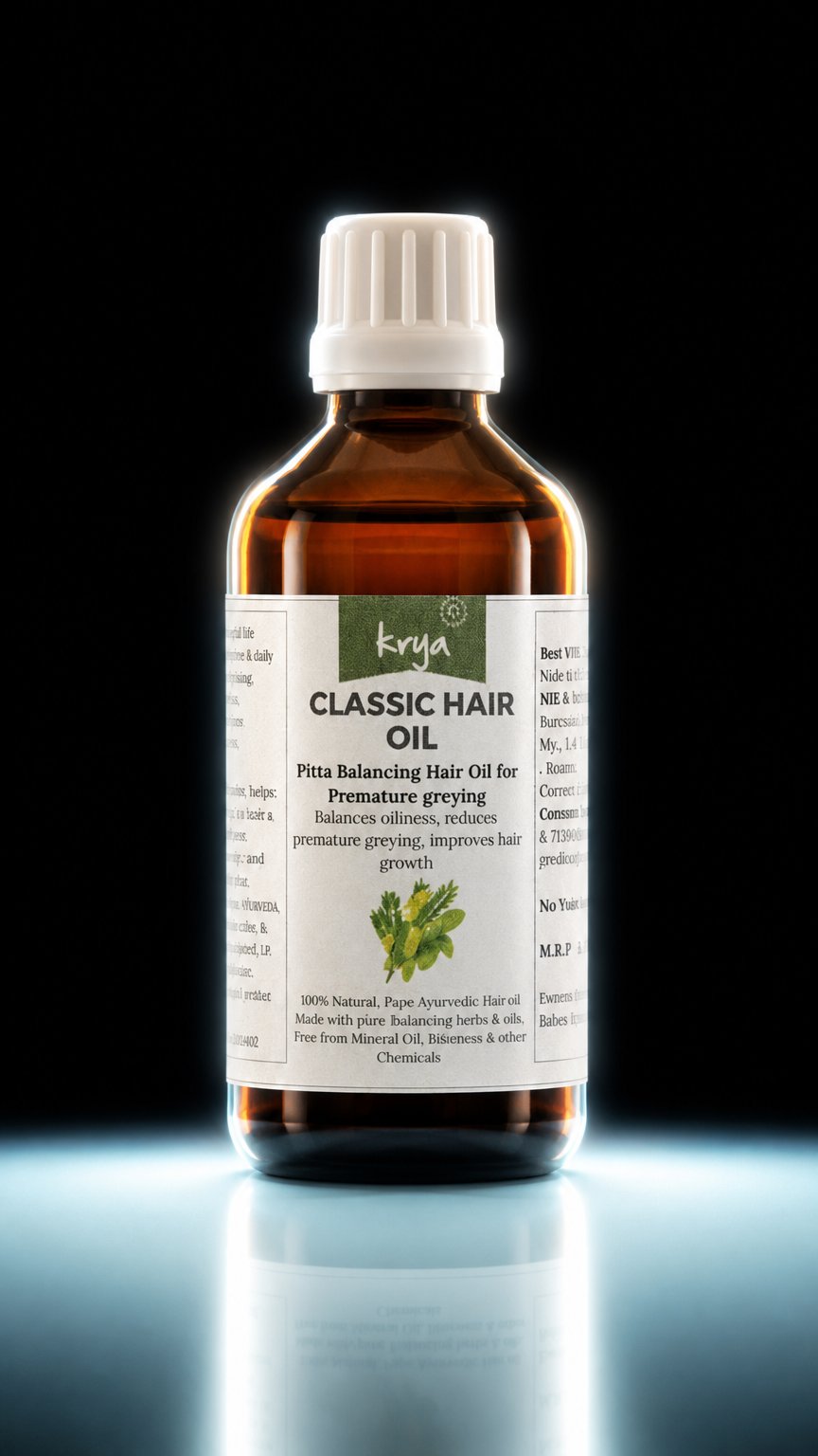 AI product shot of Krya Classic Hair Oil - Ayurvedic hair oil for grey hair, oily scalp and poor hair growth