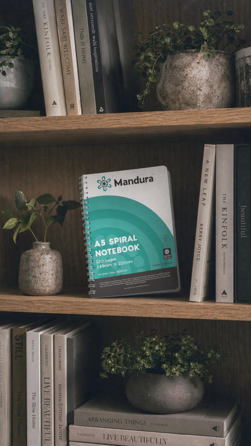 AI product shot of Mandura Spiral Notebook A5 120 Pages