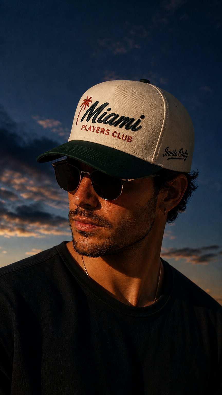 AI product shot of Miami Players Club Cap