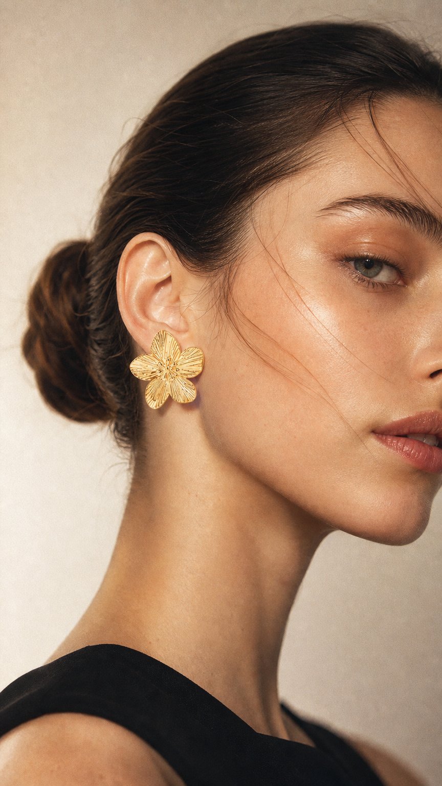 AI product shot of Waterproof Gold Plated Stainless Steel Textured Flower Stud Earrings