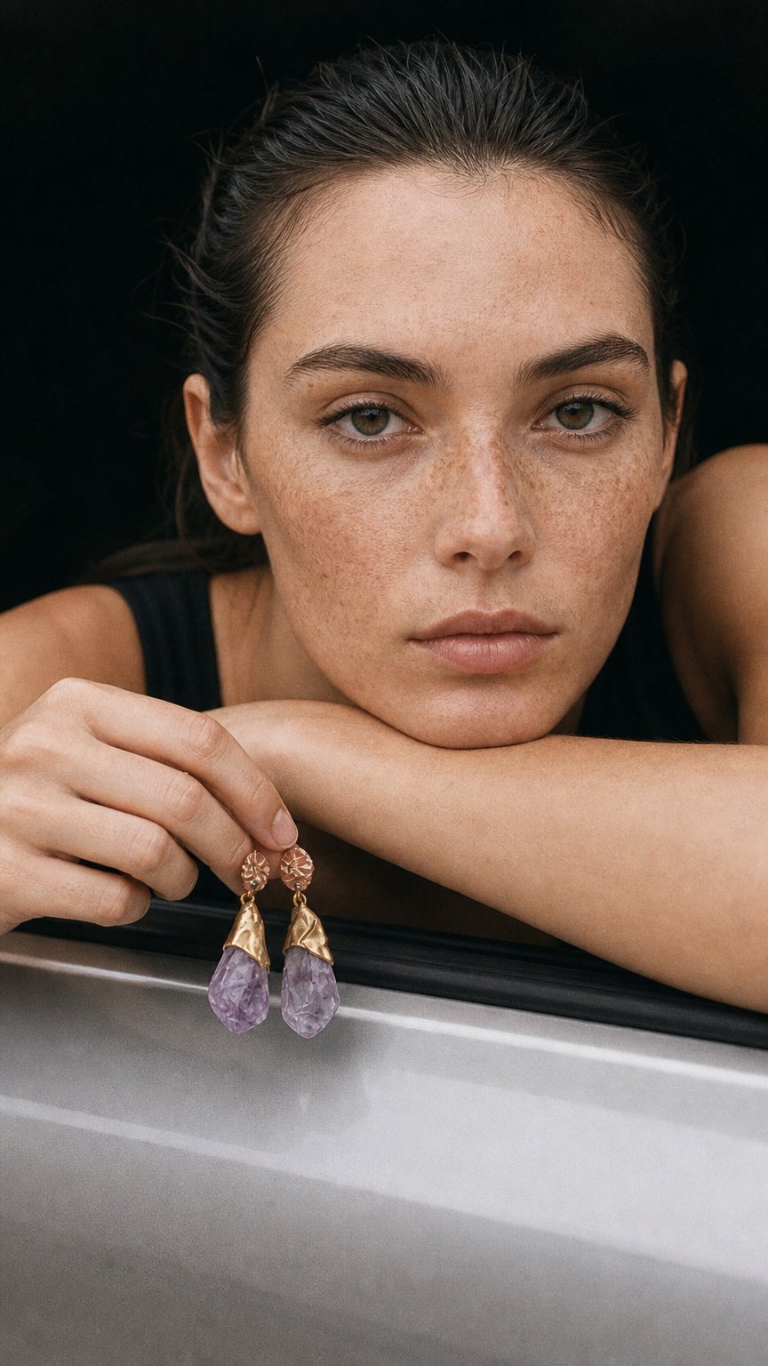 AI product shot of Brass Raw Amethyst Earrings