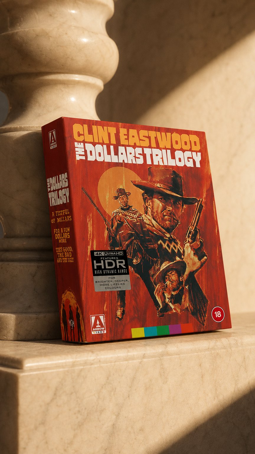 AI product shot of The Dollars Trilogy 4K UHD + Blu-ray Box Set Limited Edition