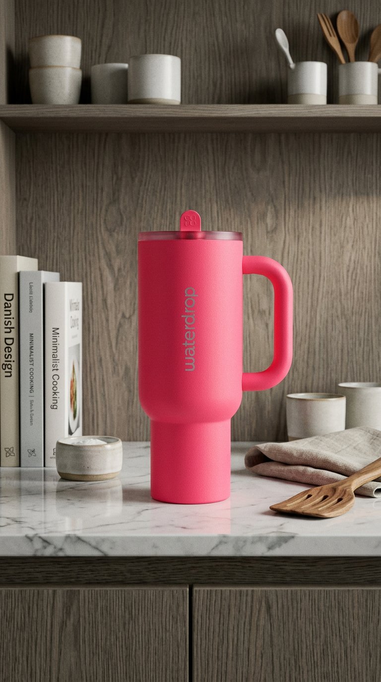 AI product shot of Neon Pink Explorer Thermo Tumbler