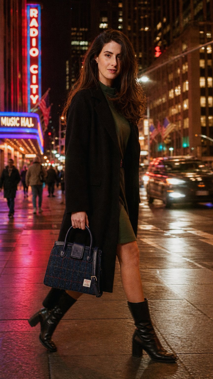 AI product shot of Islander Mini Tiree Tote with Harris Tweed (Navy Over-Check)