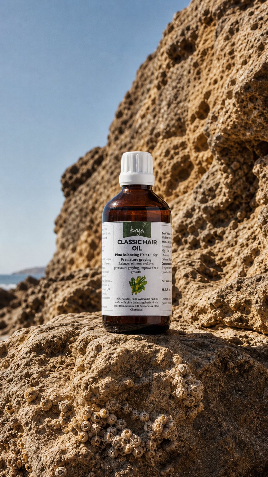AI product shot of Krya Classic Hair Oil - Ayurvedic hair oil for grey hair, oily scalp and poor hair growth