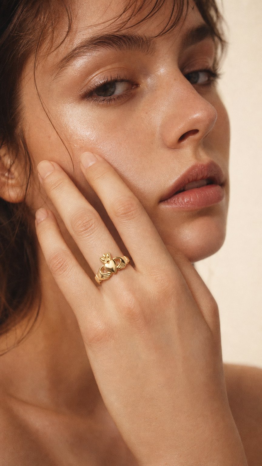 AI product shot of Fallers Ladies Medium Claddagh Ring in 9K Gold