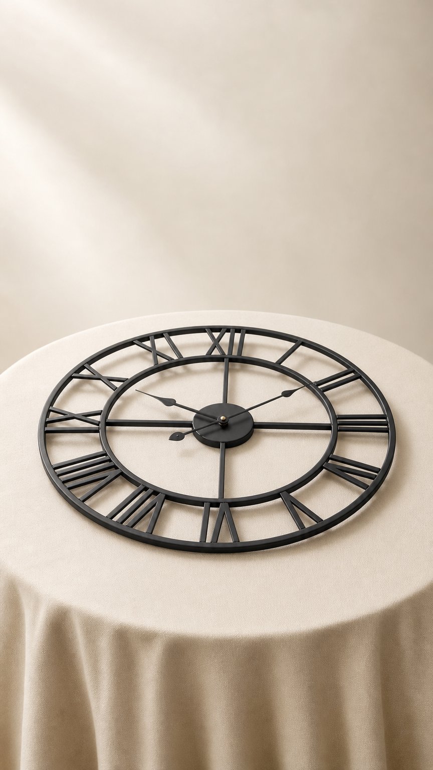 AI product shot of Orologio da Parete Vintage in Metallo, silenzioso con Numeri Romani nero